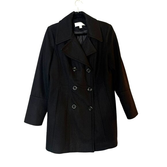 Anne Klein Black Wool Blend Long Sleeve Pea Coat Size L - Picture 1 of 8